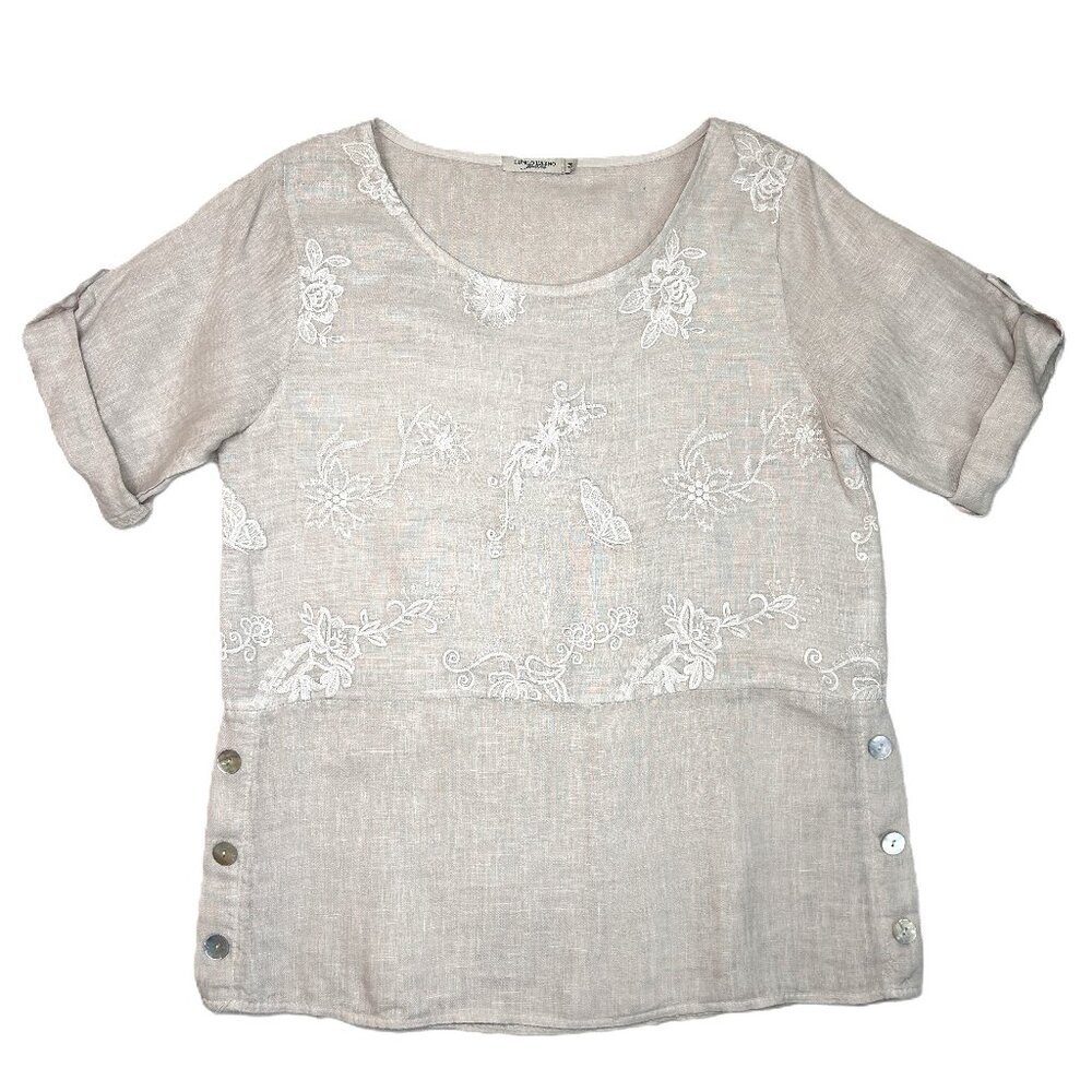 Lungo L’Arno‎ Top Women's Medium Tan Linen Butterfly Floral Embroidered Roll Tab